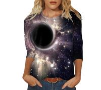 Camiseta de manga 3/4 para mujer, diseño de cielo estrellado galaxia, cuello redondo, manga 3/4, color negro, café, M