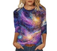 Camiseta de manga 3/4 para mujer, diseño de cielo estrellado galaxia, cuello redondo, manga 3/4, ropa de festival, sexy, azul, XXL