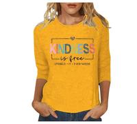 Camiseta de manga 3/4 para mujer, diseño gráfico de verano con texto en inglés "Kindness is Free" para mujer, camiseta de manga 3/4, informal, moderna, cuello redondo, para salir a la calle, camisetas