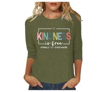 Camiseta de manga 3/4 para mujer, diseño gráfico de verano con texto en inglés "Kindness is Free" para mujer, camiseta de manga 3/4, informal, moderna, cuello redondo, para salir a la calle, camisetas