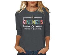 Camiseta de manga 3/4 para mujer, diseño gráfico de verano con texto en inglés "Kindness is Free" para mujer, camiseta de manga 3/4, informal, moderna, cuello redondo, para salir a la calle, camisetas