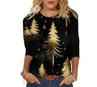 Camiseta de manga 3/4 para mujer, diseño navideño, cuello redondo, manga 3/4, dorado, S