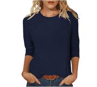 Camiseta de manga 3/4 para mujer, monocolor, manga larga, informal, cuello redondo, blusa de corte regular, camiseta de manga larga, camiseta de verano, holgada, cómoda, básica, camiseta ligera de