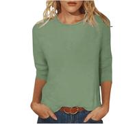 Camiseta de manga 3/4 para mujer, monocolor, manga larga, informal, cuello redondo, blusa de corte regular, camiseta de manga larga, camiseta de verano, holgada, cómoda, básica, camiseta ligera de