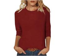 Camiseta de manga 3/4 para mujer, monocolor, manga larga, informal, cuello redondo, blusa de corte regular, camiseta de manga larga, camiseta de verano, holgada, cómoda, básica, camiseta ligera de