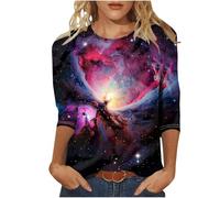 Camiseta de manga 3/4 para mujer, multicolor, diseño de cielo estrellado, parte superior, cuello redondo, túnica, informal, otoño, primavera, blusa con estampado de galaxia, camiseta para mujer, ropa
