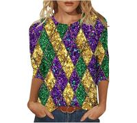 Camiseta de manga 3/4 para mujer, para carnaval, cuello redondo, informal, túnica suelta, blusa cómoda, blusa para mujer, blusa cómoda, camiseta de carnaval, camiseta festiva, S Oro, L