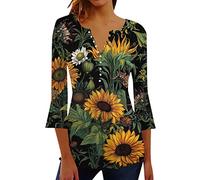 Camiseta de manga 3/4 para mujer, plisada, con botones, para primavera/verano, informal, para mujer, amarillo, XXL