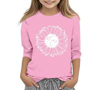 Camiseta de manga 3/4 para niña, cuello redondo, informal, atlética, manga estampada, blusa de 314 años, camiseta para niños, Rosa intenso., 4-5 años