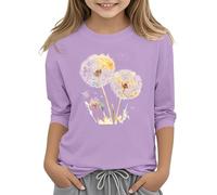 Camiseta de manga 3/4 para niña, cuello redondo, informal, atlética, manga estampada, blusa de 314 años, camiseta de papá para niña, morado, 3-4 años