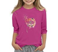 Camiseta de manga 3/4 para niña, cuello redondo, informal, atlética, manga estampada, blusa de 314 años, caballos, camiseta para niña, Rosa intenso., 8-9 años