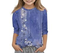 Camiseta de manga 3/4 para niña, cuello redondo, informal, atlética, manga estampada, blusa de 314 años, gatos, camiseta para niñas, azul oscuro, 4-5 años