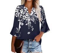 Camiseta de manga acampanada 3/4 con estampado de flores del Reino Unido, cuello en V, inspiradora, casual, holgada, para vacaciones, vacaciones, camiseta estampada divertida para mujer, blusa básica