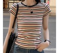 Camiseta de manga corta a rayas para mujer, cuello redondo, casual, bloque de color, estilo retro, ligera, para verano, vacaciones, uso diario, para mujer, recta (2XL, rojo)