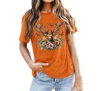 Camiseta de manga corta casual para mujer con estampado de cabeza de ciervo, cómoda camiseta de cuello redondo para el día a día, primavera, verano y otoño, camisetas para mujer, sexy, rojo, naranja