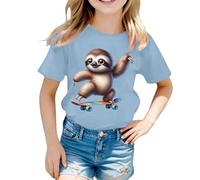Camiseta de manga corta con bonito patrón de animales para un ajuste holgado, cuello redondo, cómodo para el día a día, azul claro, 12-13 años