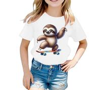Camiseta de manga corta con bonito patrón de animales para un ajuste holgado, cuello redondo, cómodo para el día a día, Blanco, 12-13 años