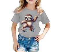 Camiseta de manga corta con bonito patrón de animales para un ajuste holgado, cuello redondo, cómodo para el día a día, Gris claro., 12-13 años