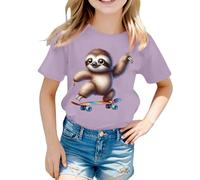 Camiseta de manga corta con bonito patrón de animales para un ajuste holgado, cuello redondo, cómodo para el día a día, Color lila claro., 12-13 años