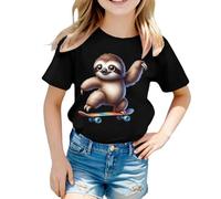 Camiseta de manga corta con bonito patrón de animales para un ajuste holgado, cuello redondo, cómodo para el día a día, Negro , 12-13 años