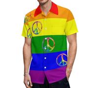 Camiseta de manga corta con botones y bandera del signo de la paz del arco iris, para verano, informal, para la playa, Estilo:, 3XL