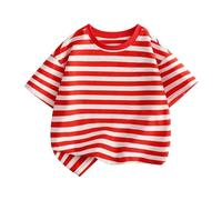 Camiseta de manga corta con cuello alto a rayas, informal, para salir, para niña, rojo, 5-6 años