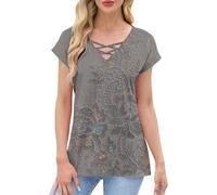 Camiseta de manga corta con cuello en V entrecruzado para mujer, estilo bohemio, a rayas, con tirantes, ajuste holgado, informal, verano, vacaciones, uso diario, gris, L