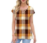 Camiseta de manga corta con cuello en V entrecruzado para mujer, estilo bohemio, a rayas, con tirantes, ajuste holgado, casual, verano, para vacaciones, citas, fiestas de noche, café, S