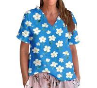 Camiseta de manga corta con cuello en V festoneado para mujer, diseño artístico de margaritas blancas, informal, holgada, para verano, para vacaciones, playa, azul, M