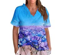 Camiseta de manga corta con cuello en V festoneado para mujer, pintura al óleo artística, estampado floral, casual, ajuste holgado, camiseta de verano para vacaciones, playa, Morado (, S