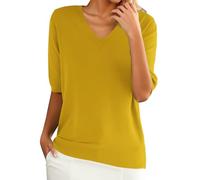 Camiseta de manga corta con cuello en V para mujer, camiseta básica de verano para mujer, camisetas sueltas tipo túnica, camiseta de peso valioso con parte inferior de punto, blusa casual, amarillo, L
