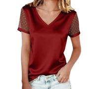 Camiseta de manga corta con cuello en V para mujer, diseño de lunares, malla de retazos, tacto satinado, para fiestas, noches y eventos de cóctel, Vino, L