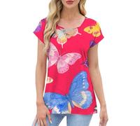 Camiseta de manga corta con cuello en V para mujer, estampado gráfico pastoral, tirantes cruzados, ajuste holgado, casual, ligera, para verano, uso diario y festividades, rosso, S