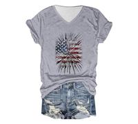 Camiseta de manga corta con cuello en V y estampado del Día de la Independencia para mujer | Camiseta de verano patriótica con estampado, gris, XXL