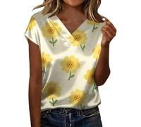 Camiseta de manga corta con cuello en V y estampado floral para mujer, informal, suave, para verano, Multicolor, L