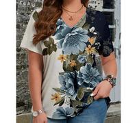 Camiseta de manga corta con cuello en V y estampado floral para mujer, tela de poliéster con elasticidad moderada, diseñada para ser usada en vacaciones, clubes, uso diario o en casa (XXL blanco)