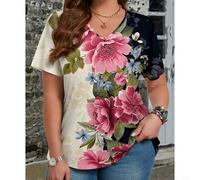 Camiseta de manga corta con cuello en V y estampado floral para mujer, tela de poliéster con elasticidad moderada, diseñada para ser usada en vacaciones, clubes, uso diario o en casa (XL azul)