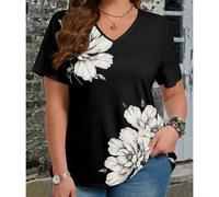 Camiseta de manga corta con cuello en V y estampado floral para mujer, tela de poliéster con elasticidad moderada, diseñada para ser usada en vacaciones, clubes, uso diario o en casa (XXXL gris)