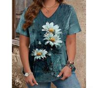 Camiseta de manga corta con cuello en V y estampado floral para mujer, tela de poliéster con elasticidad moderada, diseñada para ser usada en vacaciones, clubes, uso diario o en casa (XXL negro)