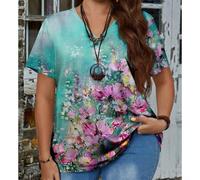 Camiseta de manga corta con cuello en V y estampado floral para mujer, tela de poliéster con elasticidad moderada, diseñada para ser usada en vacaciones, clubes, uso diario o en casa (XL naranja)