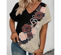 Camiseta de manga corta con cuello en V y estampado floral para mujer, tela de poliéster con elasticidad moderada, diseñada para ser usada en vacaciones, clubes, uso diario o en casa (M rosa)
