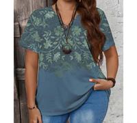 Camiseta de manga corta con cuello en V y estampado floral para mujer, tela de poliéster con elasticidad moderada, diseñada para ser usada en vacaciones, clubes, uso diario o en casa (rojo L)