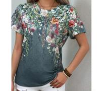 Camiseta de manga corta con cuello en V y estampado floral para mujer, tela de poliéster con elasticidad moderada, diseñada para ser usada en vacaciones, clubes, uso diario o en casa (M morado)