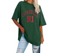 Camiseta de manga corta con cuello redondo, estampado de letras para mujer, color liso, verde, XXL