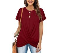 Camiseta de Manga Corta con Cuello Redondo para Mujer, Blusa Informal con Cuello Redondo, Camisetas de Manga Corta para Mujer, Camiseta Informal de Verano con Nudo Delantero y Cuello Redondo