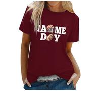 Camiseta de manga corta con cuello redondo para mujer con estampado de letras de rugby Túnica Moda italiana, Vino, XL