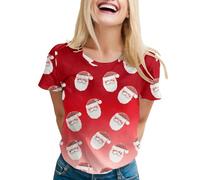 Camiseta de manga corta con cuello redondo para mujer, diseño con texto "Merry Christmas", color negro, rojo, S