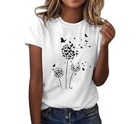 Camiseta de manga corta con cuello redondo para mujer, diseño de diente de león, Blanco, XXL