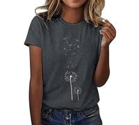Camiseta de manga corta con cuello redondo para mujer, diseño de diente de león, gris oscuro, L
