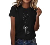 Camiseta de manga corta con cuello redondo para mujer, diseño de diente de león, Negro , XL